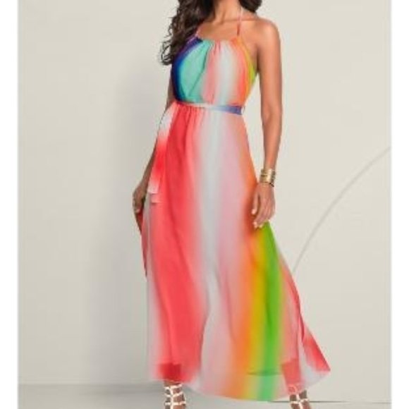 VENUS Dresses & Skirts - Venus Rainbow Striped Halter Maxi Dress